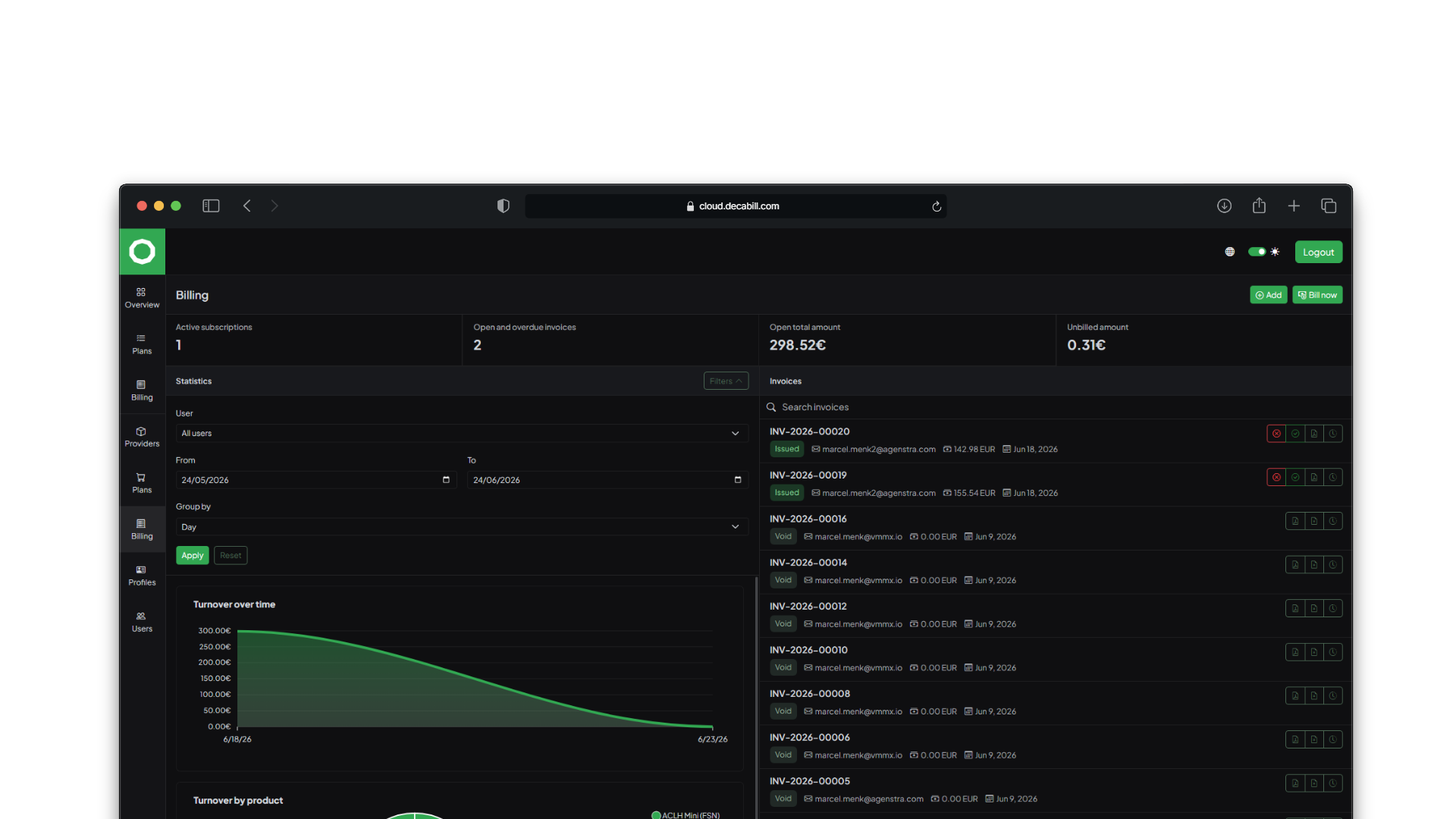 Decabill admin billing and revenue statistics