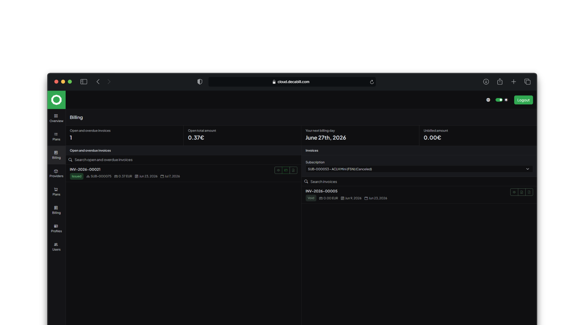 Decabill customer billing and invoices