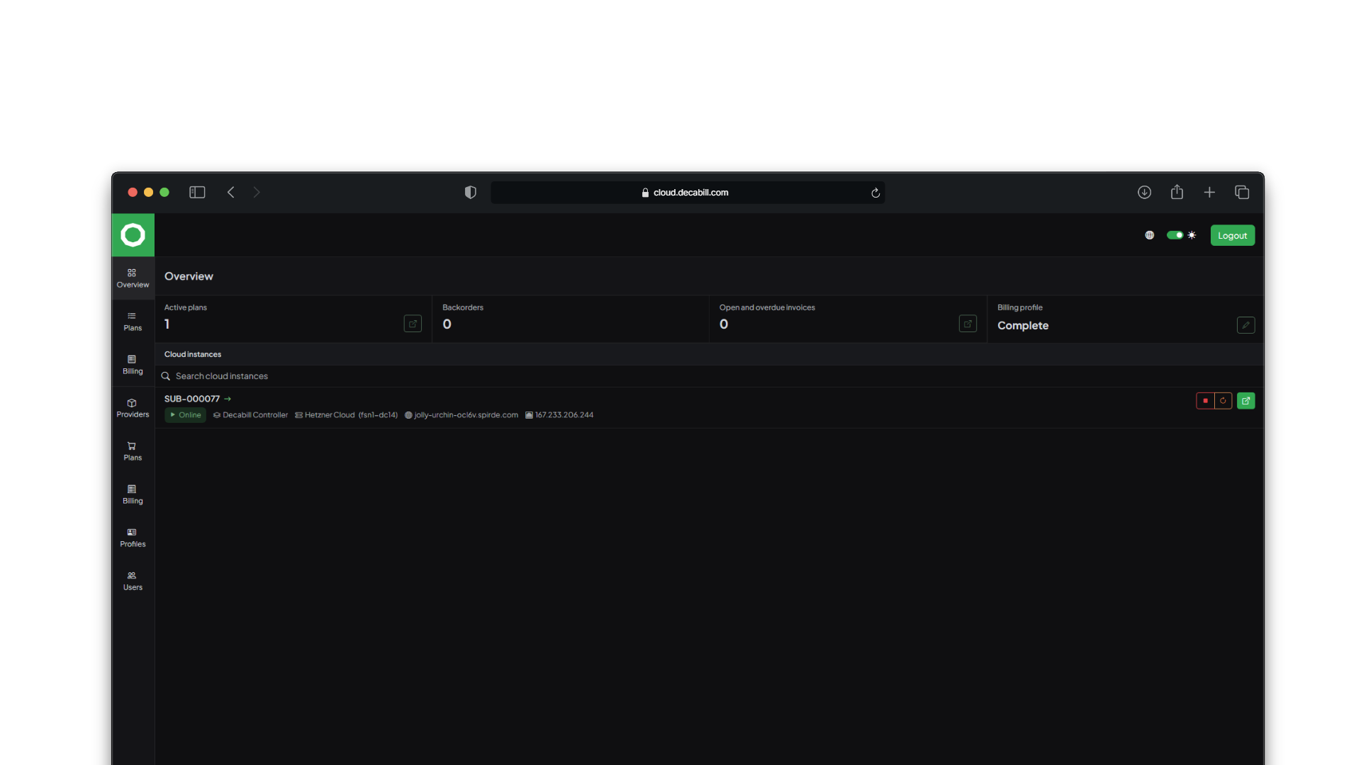 Decabill overview dashboard with cloud instances